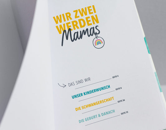 Foto des Inhaltsverzeichnisses von "Wir zwei werden Mamas" - Man sieht die Kapitelüberschriften "Das sind wir", "Unser inderwunsch", "Die Schwangerschaft", "Die Geburt & danach"