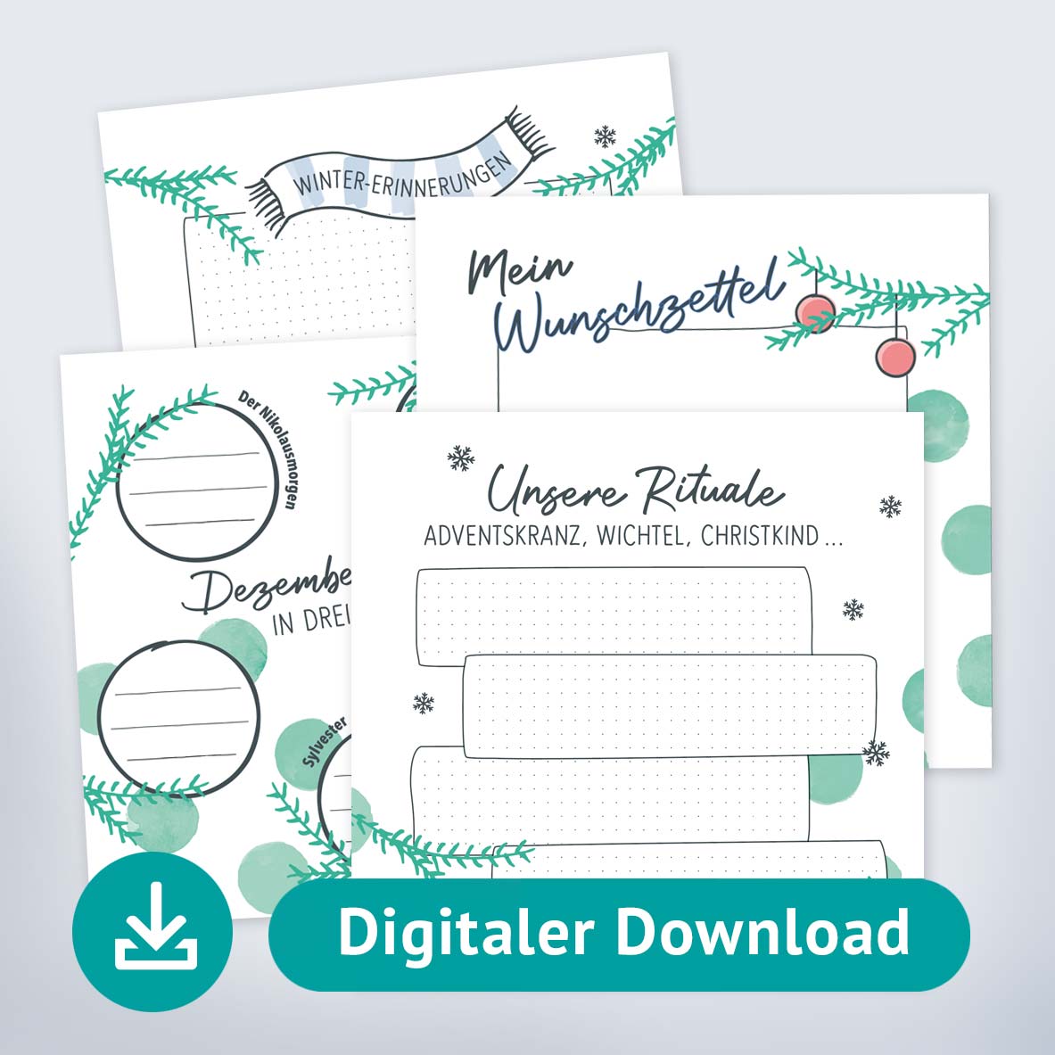 Abbildung der vier digitalen Downloadseiten für Fotoalben mit dem Titel "Adventszeit"