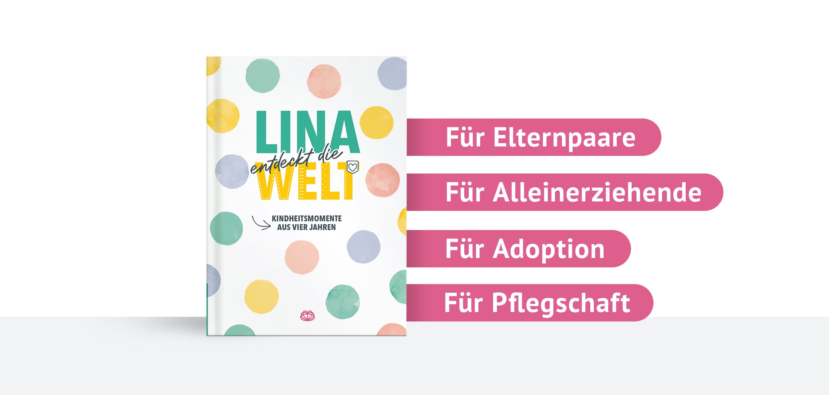 Themenbild personalisierte Erinnerungsalben für die Kindheit - abgebildet ist das Album "Dein Kind entdeckt die Welt" mit den Überschriften "für Elternpaare", "für Alleinerziehende", "für Adoption" und "für Pflegschaft"