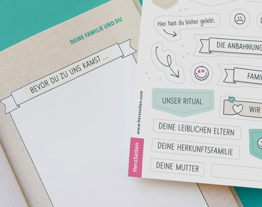 Anwendungsbeispiel zum Stickerbogen "Unser erstes gemeinsames Jahr" - Zu sehen ist der Sticker "Bevor du zu uns kamst..." im HerzSeiten Album "Unser erstes gemeinsams Jahr". Außerdem sieht man Sticker mit Texten wie "Deine Herkunftsfamilie", "Deine leiblichen Eltern", "Unser Ritual" usw.