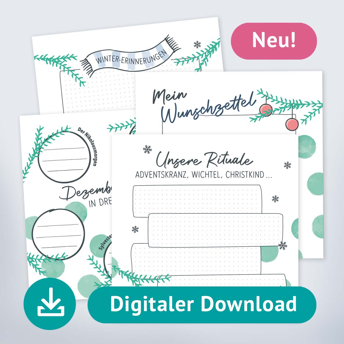 Abbildung der vier digitalen Downloadseiten für Fotoalben mit dem Titel "Adventszeit" - In der Ecke steht "neu!"