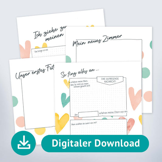 Die Produktabbildung zeigt drei Musterseiten der Fotoalbenseiten für Pflegekinder. Überschriften der Seiten: "So fing alles an", "Unser erstes Foto", "Ich ziehe zu meinen Eltern". 