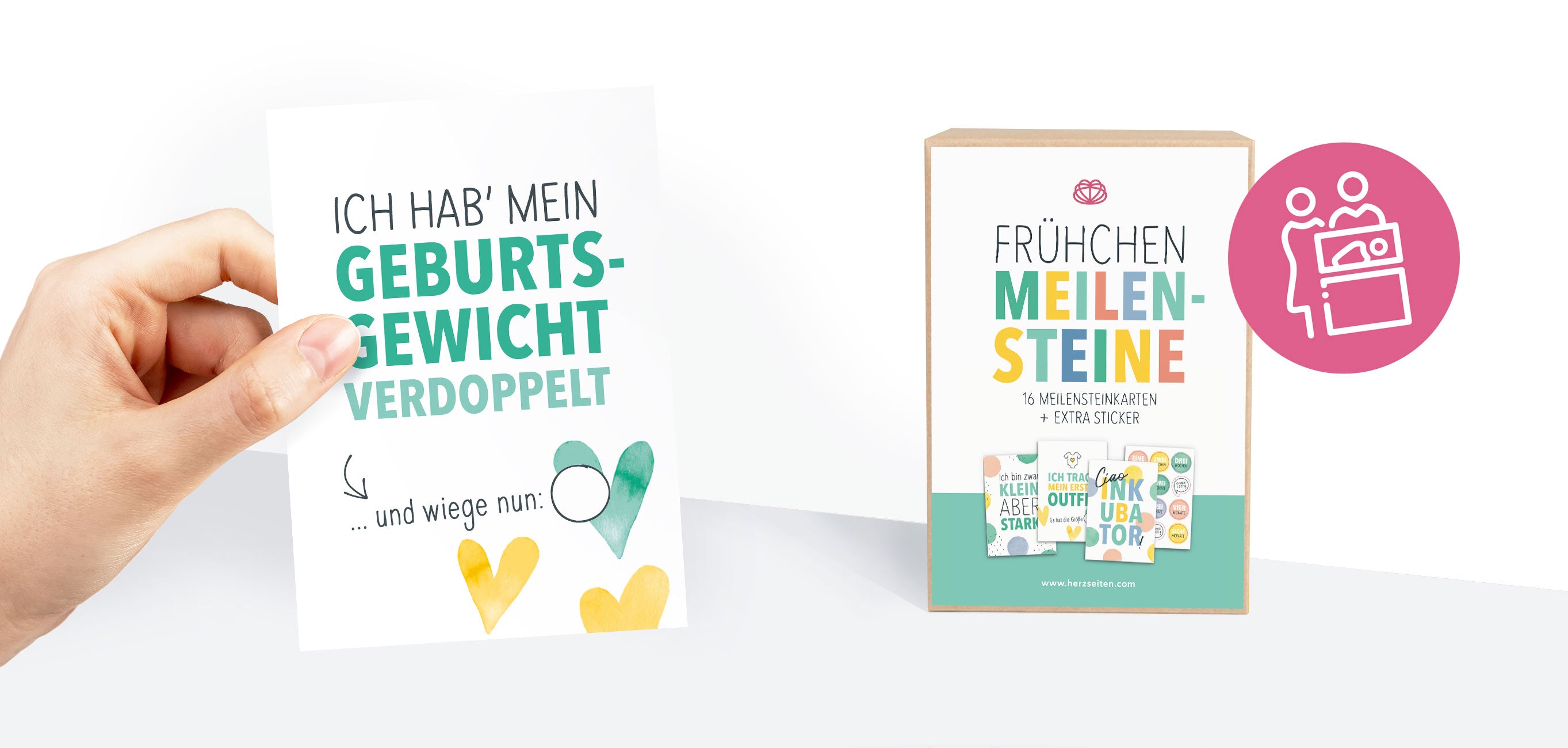 HerzSeiten Meilensteinkarten für Frühchen mit Beispielkarte zum Meilenstein "Geburtsgewicht verdoppelt"