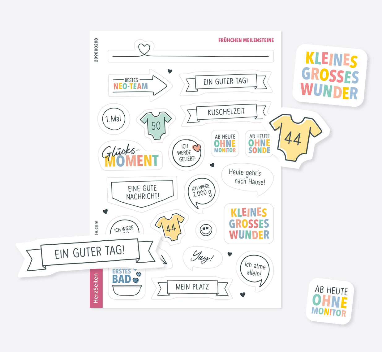 Das Bild zeigt den Stickerbogen "Frühchen Meilensteine" mit Stickern wie "Kuschelzeit", "Ab heute ohne Monitor" oder "Ich wiege 2000g"