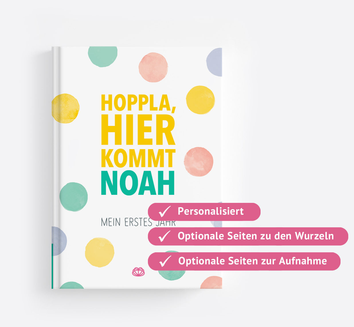 Das Bild zeigt das Cover des Albums "Hoppla, hier kommt dein Baby". Daneben stehen die Stichpunkte: "Personalisiert", "optionale Seiten zu den Wurzeln" und "optionale Seiten zur Aufnahme"