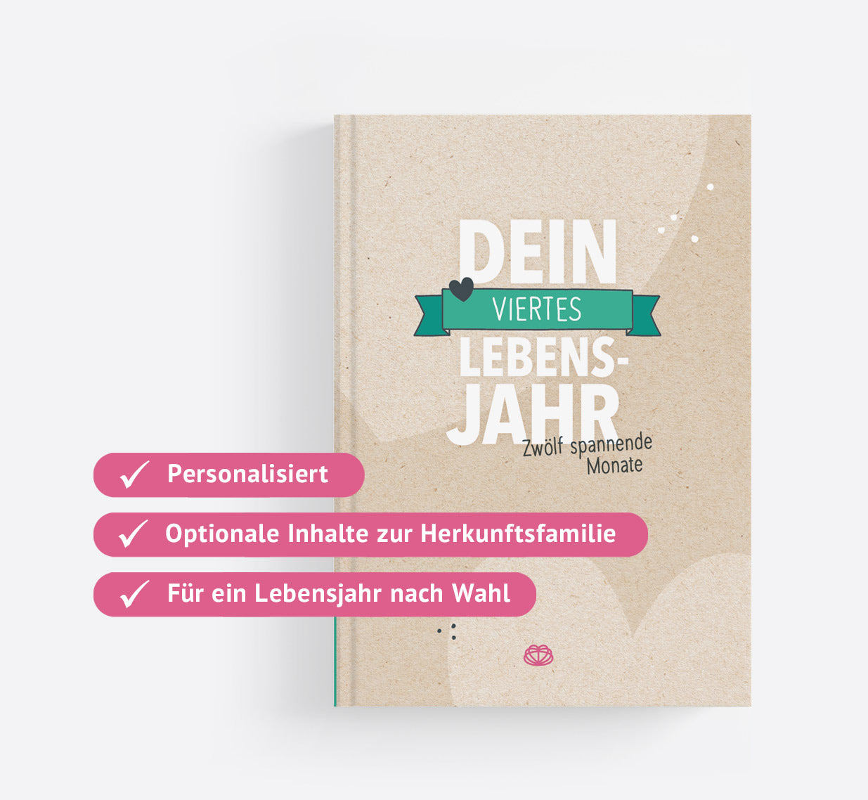 Das Bild zeigt das Cover des Albums "Dein ... Lebensjahr". Daneben stehen die Stichpunkte: "Personalisiert", "optionale Inhalte zur Herkunftsfamilie" und "Für ein Lebensjahr nach Wahl"