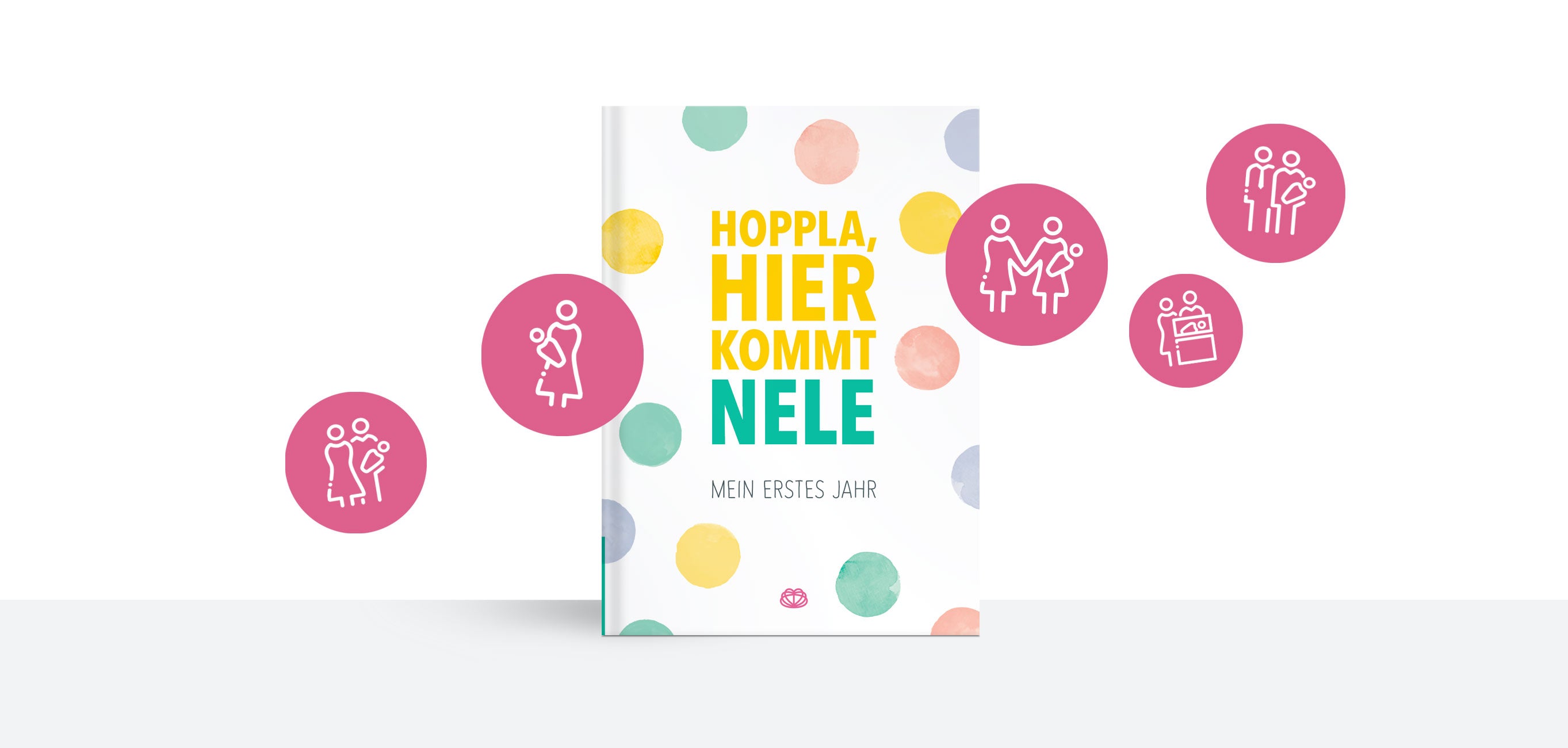 Themenbild personalisierte Babyalben - abgebildet ist das Album "Hoppla, hier kommt dein Baby" mit Symbolen für verschiedene Familienkonstellationen