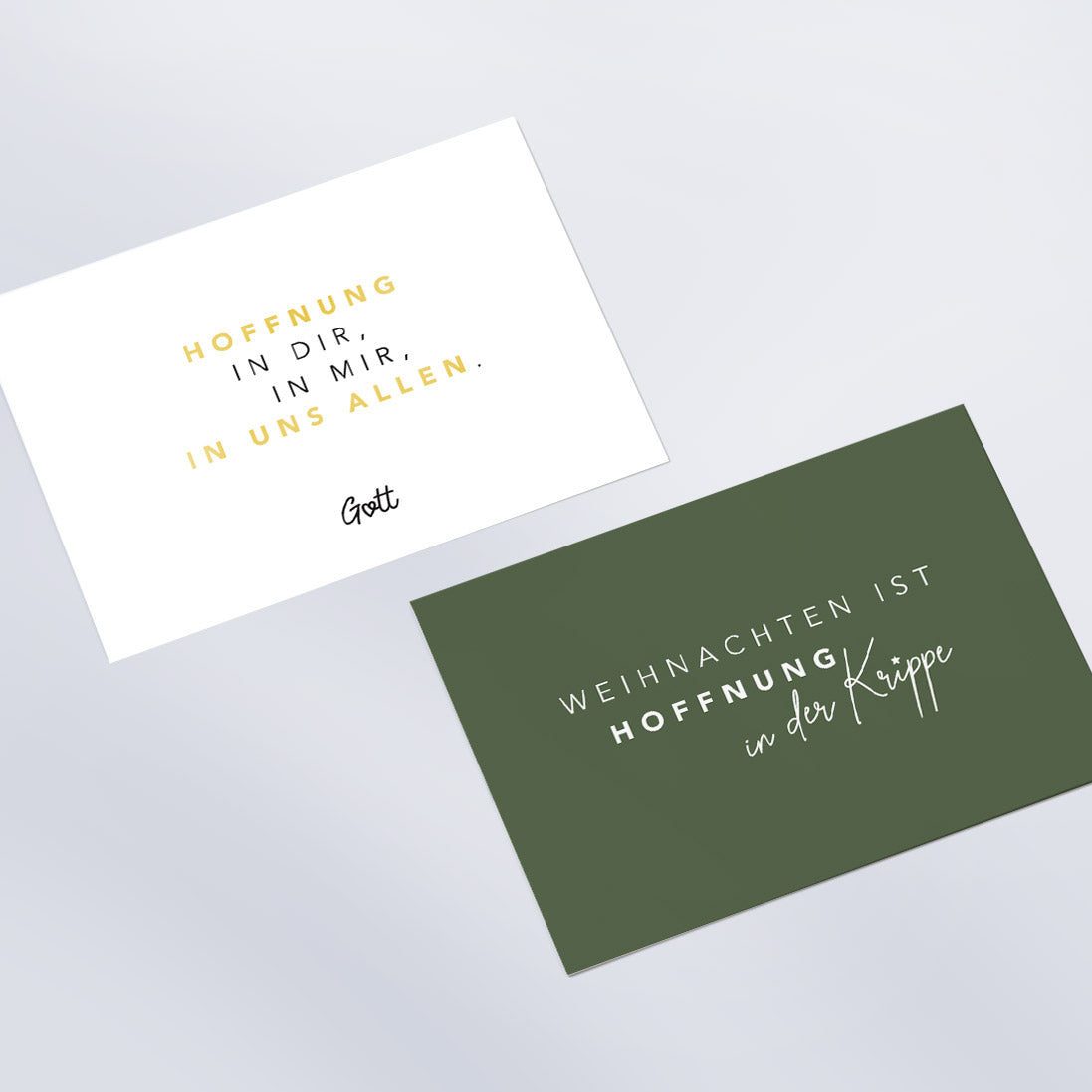 Das Set enthält die beiden Postkarten „Weihnachten ist Hoffnung in der Krippe“ und „Hoffnung in dir, in mir, in uns allen.“